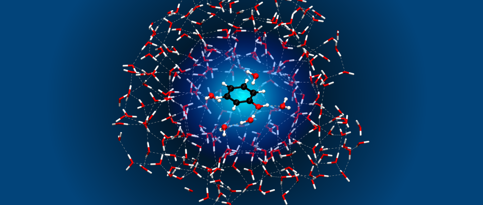 snapshot from a quantum chemistry simulation: phenol in water